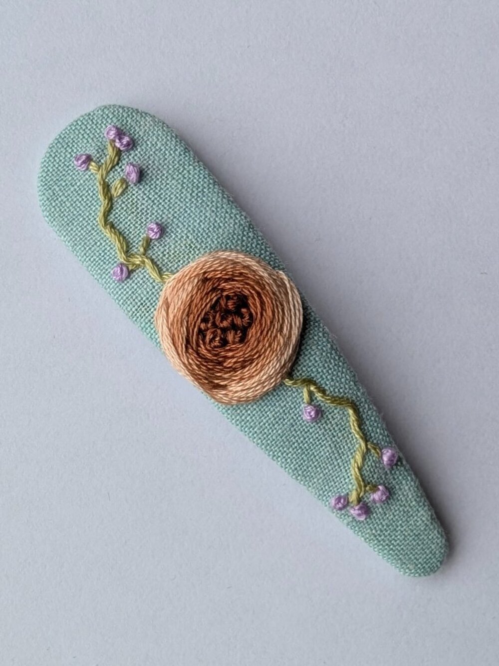 New Brown Rose and Vine hand embroidered linen cotton large handmade hair clip